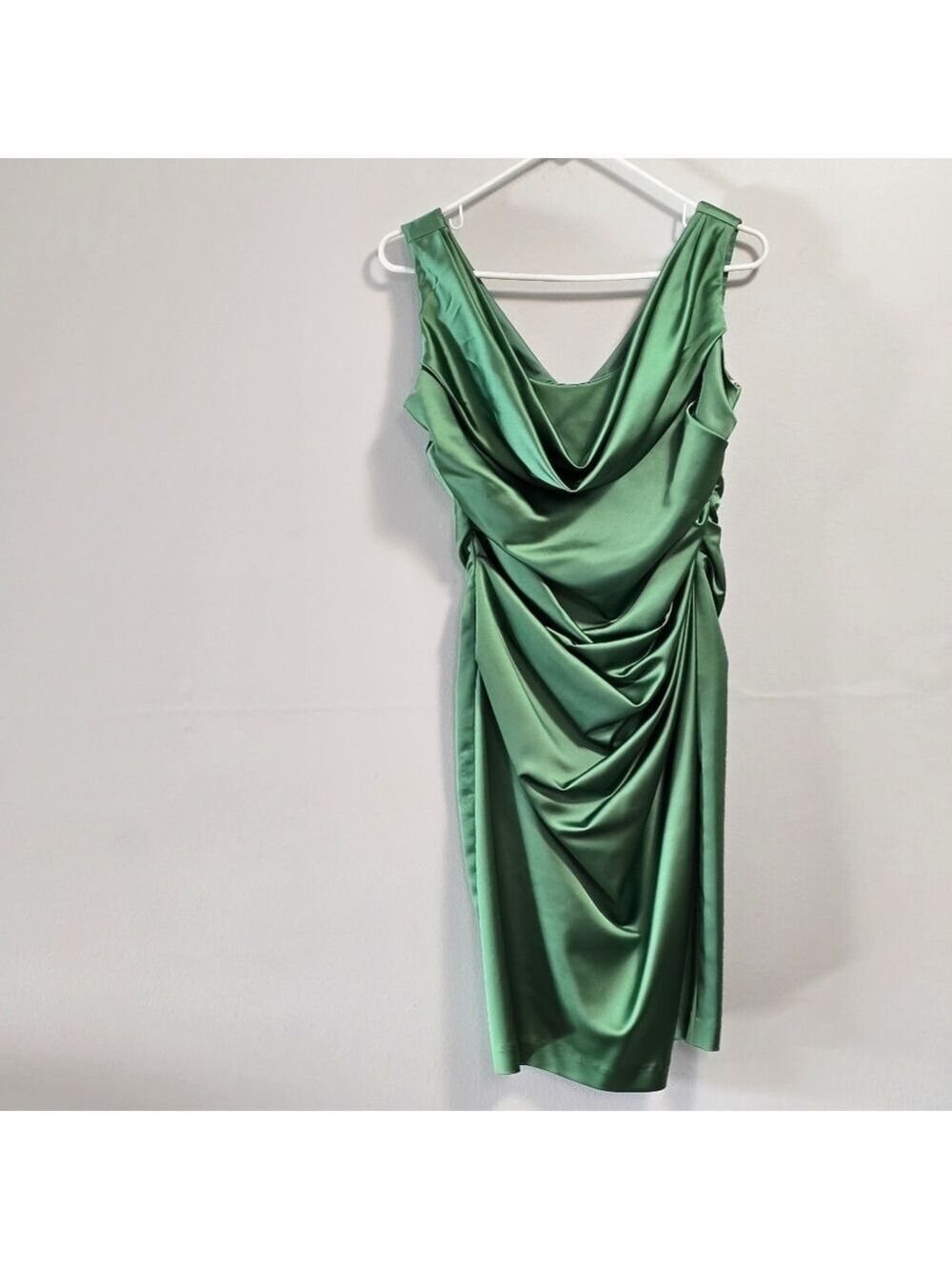 David's Bridal Elegant Sleeveless Cowl Neck Green Satin Stretch Dress